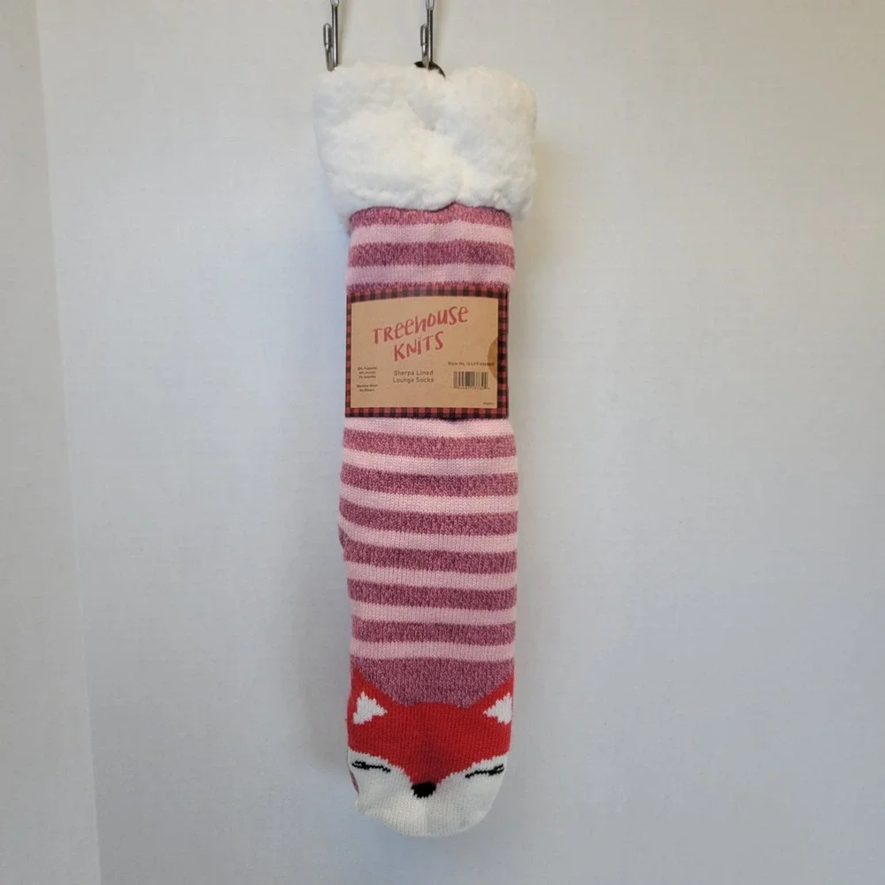 Treehouse Knits Women's Sherpa Lined Lounge Socks Pink Stripe Fox Size 9-11